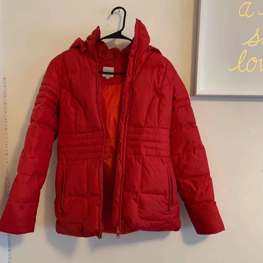 Red puffer coat